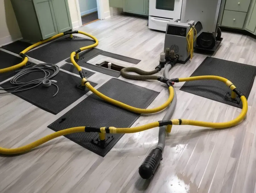 Technician pulling wet flooring during a Livingston Parish dry-out