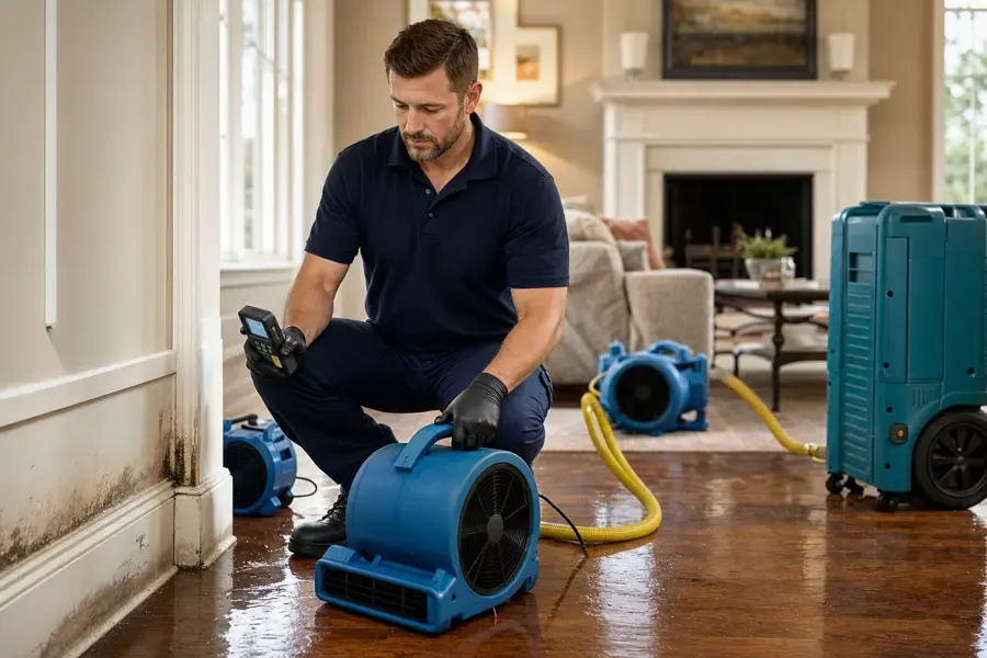 ATC Restoration Services technician setting an air mover in a Denham Springs living room