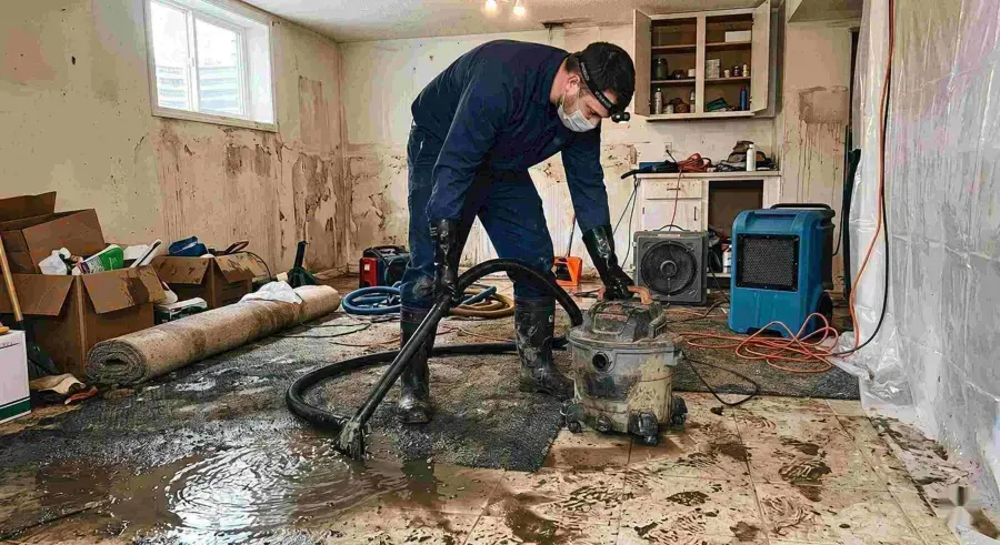 Protected technician cleaning a sewage backup in Denham Springs