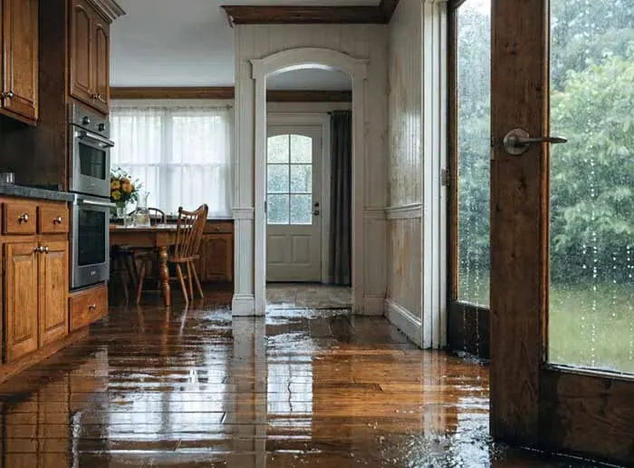 Water damage on a slab floor from an under-slab supply leak